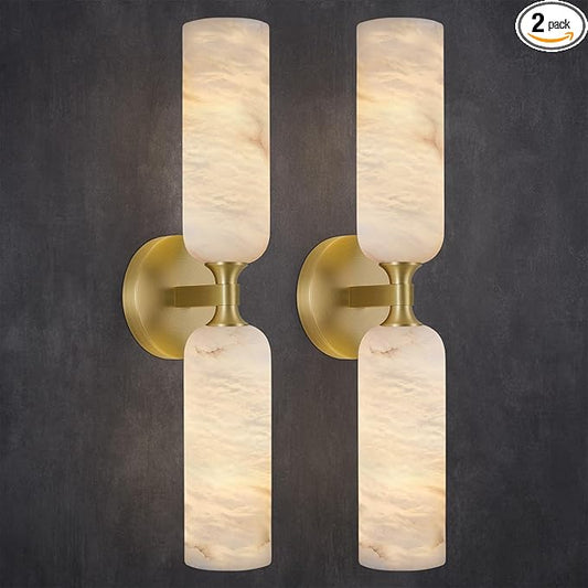20in Alabaster Wall Sconces Set of Two, Modern Spanish Natural Marble Bathroom Vanity Sconces, Brass Alabaster Sconce Wall Lighting, Gold Wall Light Fixtures Decor for Bedroom Living Room Staircases
