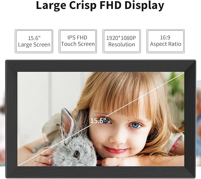 Digital Picture Frame 15.6 Inch 32GB Storage WiFi Digital Photo Frame 1920×1080 IPS FHD Touch Screen, Auto-Rotate, Wall-Mounted, Easy to Share Photos via Free APP Gift for Family