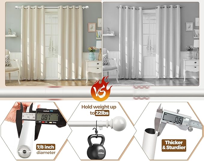 KAMANINA White Curtain Rod for Windows 72 to 144 Inches (6-12ft), 7/8 Inch Long Curtain Rods Adjustable, Single Heavy Duty Drapery Rods 144 inches with Round Finials