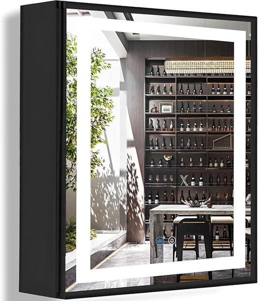 32 x 20 Inch Black Medicine Cabinet Mirror with Lights, 3 Color Lights, Memory Adjustable Brightness, Moisture Resistant, Bathroom