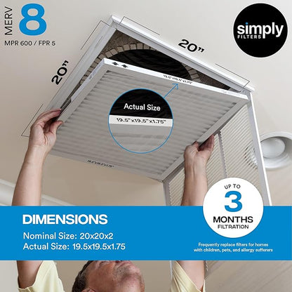 Simply 20x20x2 Air Filter, MERV 8, 6 Pack, Furnace Air Filter for HVAC (Actual Size:19.5"x19.5"x1.75") DUST, Pet, & Allergy Control