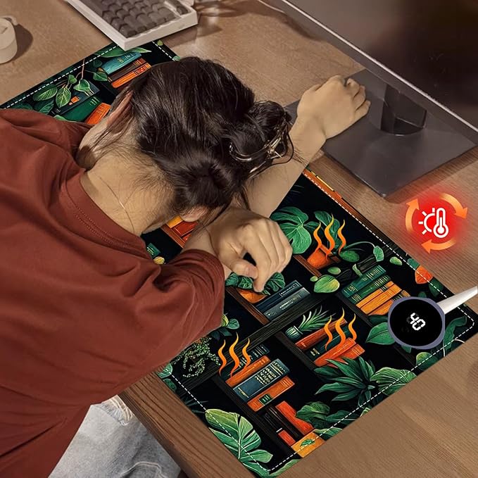 Heated Mouse Pad 23.6 x 14 in 3-Temp Fast Heating Desk Mat with Auto Timer Warmer for Hands Wrist Pain Relief Waterproof Keyboard Mat for Office, Gaming, Home, Bookshelf Jungle