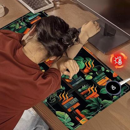Heated Mouse Pad 23.6 x 14 in 3-Temp Fast Heating Desk Mat with Auto Timer Warmer for Hands Wrist Pain Relief Waterproof Keyboard Mat for Office, Gaming, Home, Bookshelf Jungle