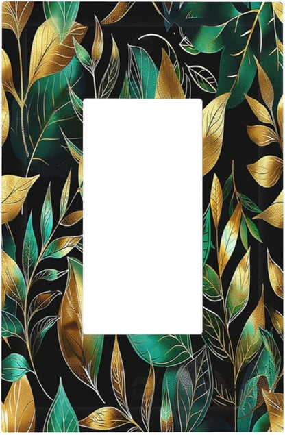 Decorative Outlet Covers Vintage Dark Green Vine Leaf Golden Plants 1 Gang Single Rocker Light Switch Cover Plate Wall Plates GFCI Faceplate for Bed Room Cabin Decor