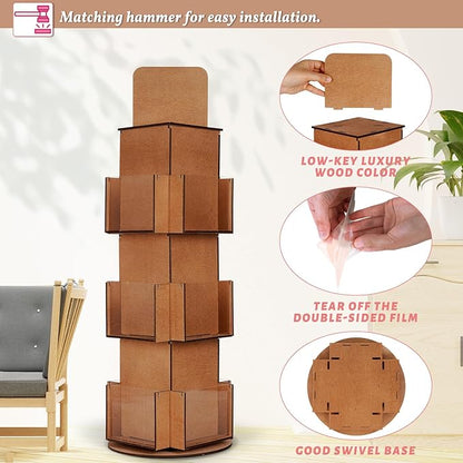 Natheeph Rotating Display Stand Greeting Card Display Wooden Display Rack with Two Card Sticker for Greeting Card Vendor Coffee Bag 3 Tier Tabletop Display Stand (Brown)