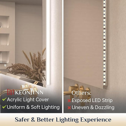 Keonjinn LED Backlit Mirror 28 x 36 Inch, Frameless LED Mirror with Beveled Edge, Tempered Glass, UL-Listed Power Driver, 3 Color Lights, Anti-fog, Dimmable, Memory Function, French Cleat Installation