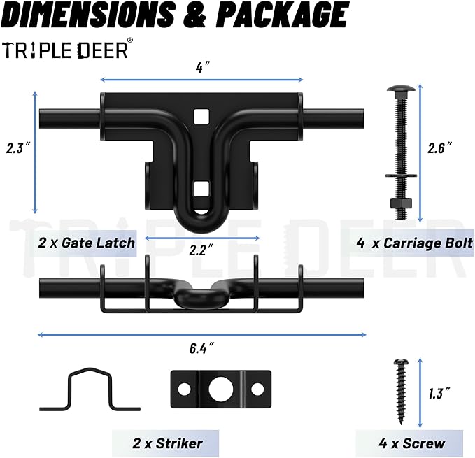 TRIPLE DEER Heavy Duty Sliding Bolt Gate Latch with Padlock Hole & Carriage Bolt, Slide Bolt Hardware for Wooden Fence/Yard Fence/Shed Door/Barn Door, Black, 2 Pack