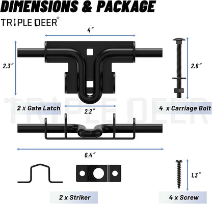 TRIPLE DEER Heavy Duty Sliding Bolt Gate Latch with Padlock Hole & Carriage Bolt, Slide Bolt Hardware for Wooden Fence/Yard Fence/Shed Door/Barn Door, Black, 2 Pack