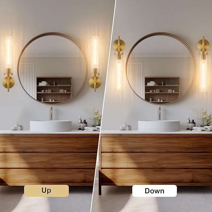 19.5" Knurled Brass Wall Sconce with Crackle Glass Tube, Gold Bathroom Vanity Light Fixtures, Modern Lamp Lighting for Bedroom, Living Room, Hallway, Staircase, Mirror, Kitchen