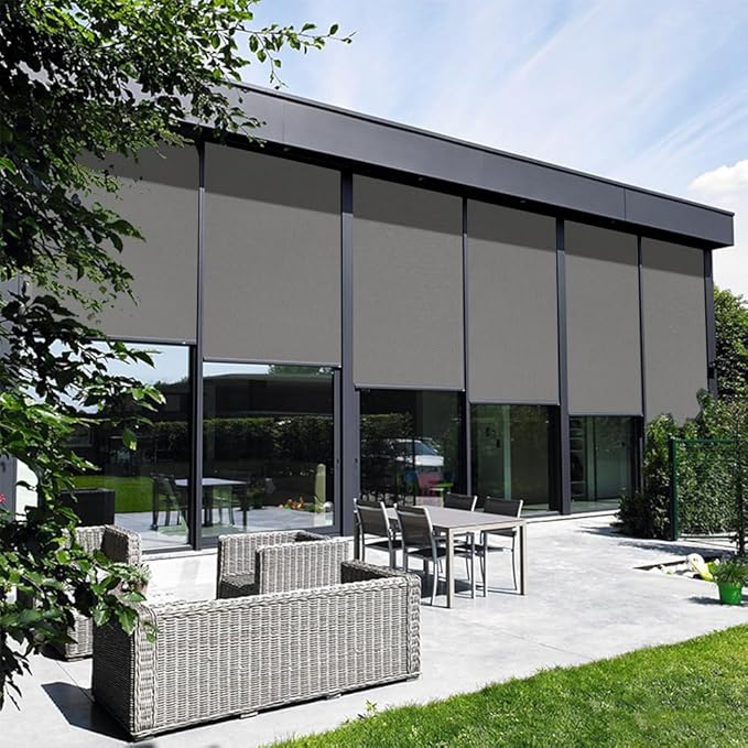 ZSHINE Hard-Wired Outdoor Snow Blocking Weatherproof Motorized Patio Roller Shades Remote Control for Porch Balcony Customized Size (Light Grey 1% Openness)