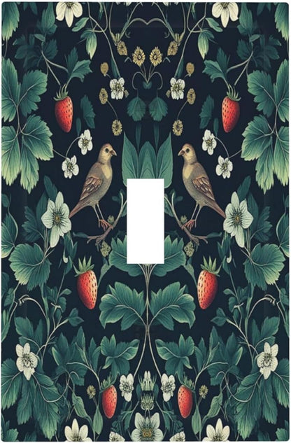 Decorative Light Switch Cover Strawberry Birds Flowers Plant Morris Floral 1 Gang Single Toggle Device Electrical Faceplate Switchplates Decorator Outlet Wall Plate for Bedroom Farmhouse
