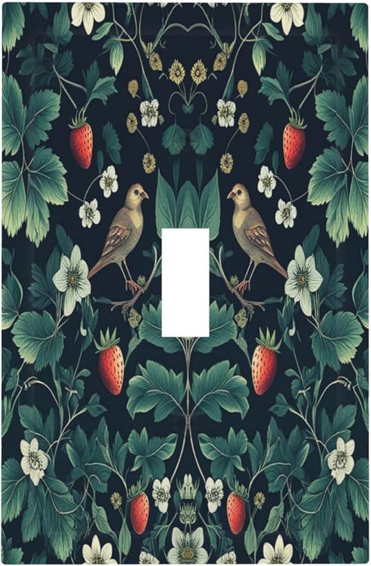 Decorative Light Switch Cover Strawberry Birds Flowers Plant Morris Floral 1 Gang Single Toggle Device Electrical Faceplate Switchplates Decorator Outlet Wall Plate for Bedroom Farmhouse