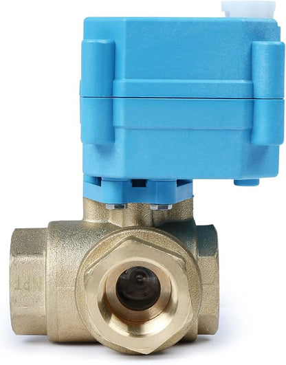 U.S. Solid 1/2" 3 Way Brass Motorized Ball Valve 110-230VAC, L Type Water Shutoff Valve with Manual Function, Standard Port, NOT for Drinking Water