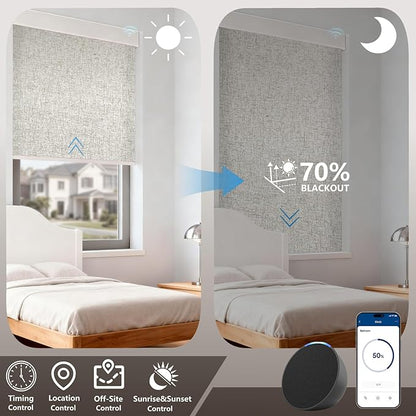 Smart Motorized Blinds – 70% Blackout Roller Shades with Remote, Alexa/Google Home/Siri Control, Matter Compatible, Wireless Rechargeable Battery, Custom Sizes for Windows & Sliding Doors