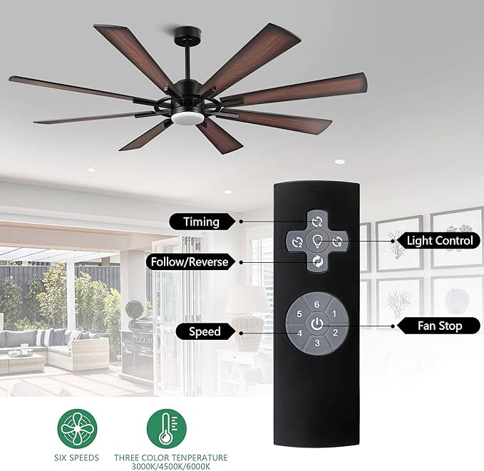 WINGBO 72" DC Ceiling Fan with Lights and 3 Downrods, Matte Black Ceiling Fan with Walnut/Walnut Shadowed Reversible Blades, 6-Speed DC Motor, Indoor Ceiling Fans for Kitchen Bedroom Living Room