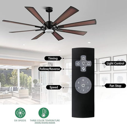 WINGBO 72" DC Ceiling Fan with Lights and 3 Downrods, Matte Black Ceiling Fan with Walnut/Walnut Shadowed Reversible Blades, 6-Speed DC Motor, Indoor Ceiling Fans for Kitchen Bedroom Living Room