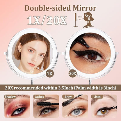 Unimiro 9inch Makeup Mirror with Lights, 1x/20x 5000mAh Makeup Mirrors with Light and Magnification, 360° Rotate Makeup Mirror with Lights and Magnification, 3 Color, 80 LEDs, Stepless Dimmable