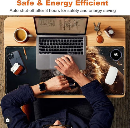 Heated Mouse Pad for Desk 31.5" x 13" – PU Leather Warm Desk Pad with 3 Heat Levels (104°F/113°F/122°F), Plug-in Electric Heating Mat with Auto Shut-Off, Waterproof & Rollable, Roaring Lion