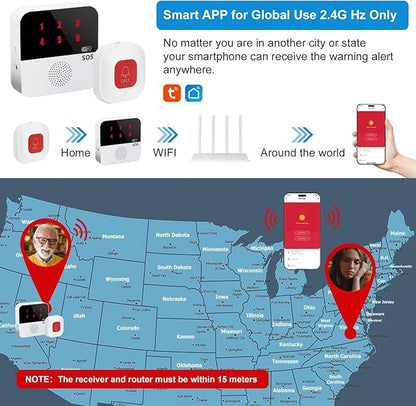 Life Alert Systems for Seniors No Monthly Fee, App-Controlled Pager, Medical Alert Systems for Seniors LED Number Display 2Call Button 1Receiver(Only Supports 2.4GHz Wi-Fi) (Neck Remote Control)