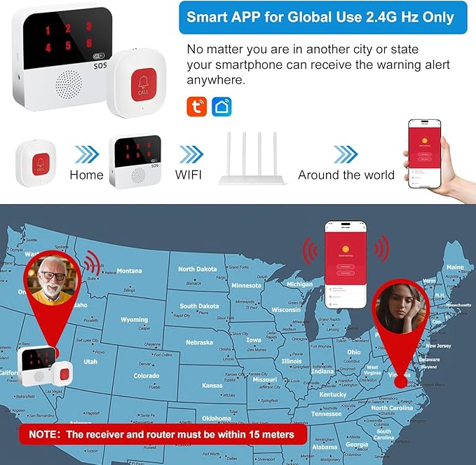 Life Alert Systems for Seniors No Monthly Fee, App-Controlled Caregiver Pager, LED Number Display 1Waterproof Wrist Remote Control 2Call Button 1Receiver(Only Supports 2.4GHz Wi-Fi)