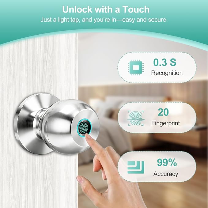 Fingerprint Door Lock, Smart Door Knob, Keyless Entry Door Lock with App Control, Thumbprint Door Knob with Backup Key, Suitable for Home, Bedroom, Apartments, Garage, Office - Sliver