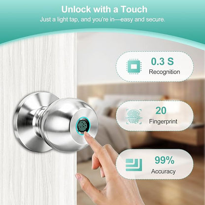 Fingerprint Door Lock, Smart Door Knob, Keyless Entry Door Lock with App Control, Thumbprint Door Knob with Backup Key, Suitable for Home, Bedroom, Apartments, Garage, Office - Sliver