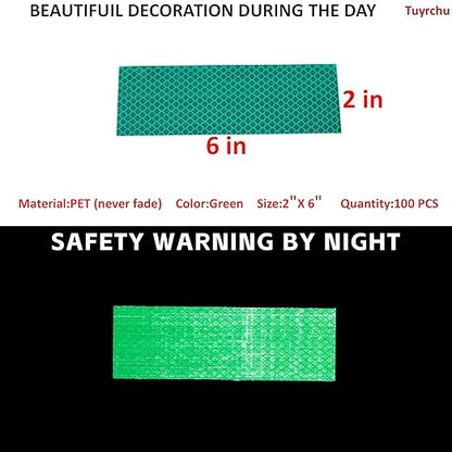 Non Fading Green Reflective Stickers 2 inch X 6 inch, Outdoor Waterproof High Visibility Warning Safety Adhesive Reflector Tape (100 Pcs)