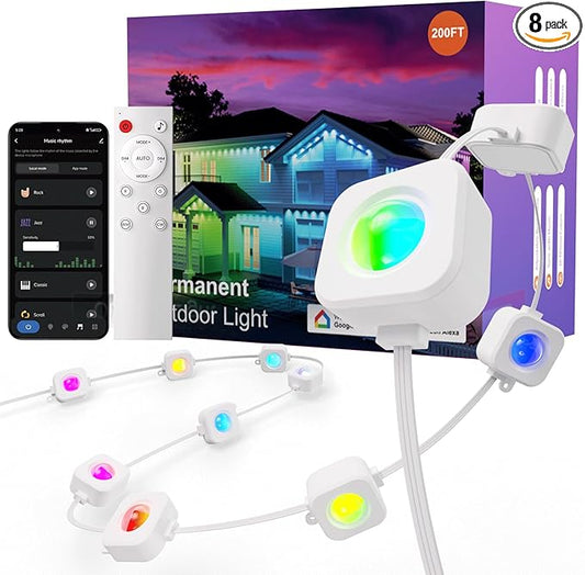 Fitop Permanent Outdoor Lights, 200FT RGB Smart LED Eaves Lights for House, Extendable Waterproof Outdoor Lights Strip, Music Sync, APP/Voice/Remote Control, Compatible with Alexa/Google