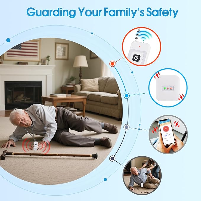 WiFi Smart Wireless Caregiver Pager Call Button System for Elderly Fall Monitoring with App Alerts & 110dB Loud Receiver, Anti-Mistouch Design (2 Panic Buttons + 1 Receiver)