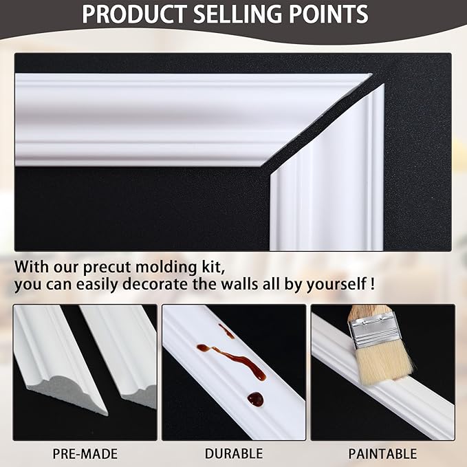3-Frame 24" x 24" Premade Accent Wall Molding Kit, Ready-to-Assemble Wainscoting Panels, Pre-Cut Chair Rail Moulding Trim Picture Frame for Home Décor