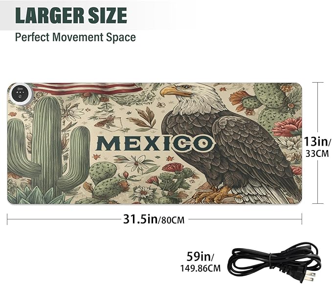 Heated Desk Pad Mouse Pad 31.5x13 Inch PU Leather Desk Mat with 3 Heat Levels Large Mouse Gaming Computer Laptop Mat Retro Mexico American Eagle Cactus Beige