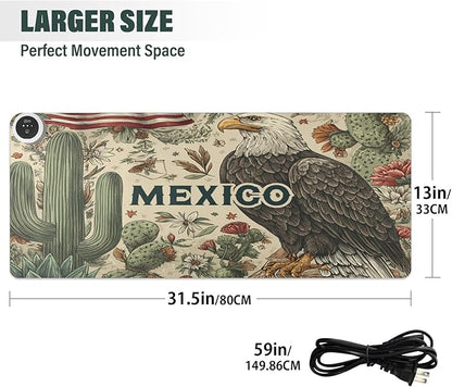 Heated Desk Pad Mouse Pad 31.5x13 Inch PU Leather Desk Mat with 3 Heat Levels Large Mouse Gaming Computer Laptop Mat Retro Mexico American Eagle Cactus Beige