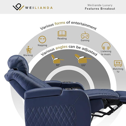 Weilianda Home Theater Seating Top Grain Leather Zero Gravity Recliner Chair Power Headrest Recline Movie Seat Gaming 7 Colors Mood Light Sofa with Tray Table USB Charge Row of 2 Blue