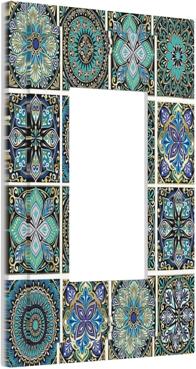 Decorative Outlet Covers Mandala Decorative Rustic Vintage Turquoise Pattern 1 Gang Single Rocker Light Switch Cover Plate Wall Plates GFCI Faceplate for Bedroom Bathroom Decor