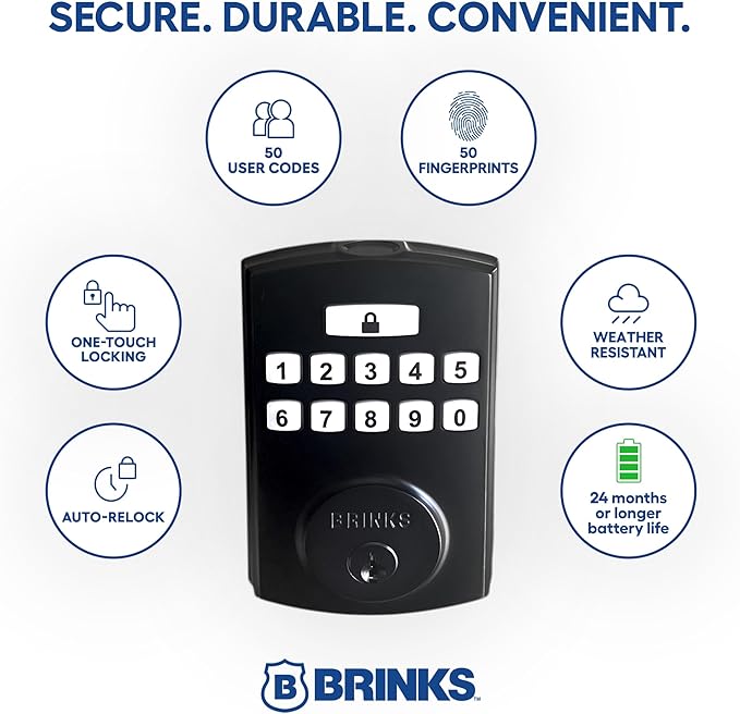 BRINKS Security Door Locks, High-Security Keyless Entry, Smart Electronic Door Lock with Deadbolt, Up to 50 Codes, Automatic Locking (Deadbolt & Passage Lever, Matte Black)