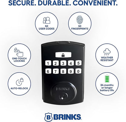 BRINKS Security Door Locks, High-Security Keyless Entry, Smart Electronic Door Lock with Deadbolt, Up to 50 Codes, Automatic Locking (Deadbolt & Passage Lever, Matte Black)