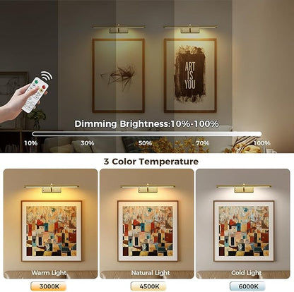 Joosenlux modern brass picture light - 16in rechargeable wireless wall lights with Remote, adjustable Swing Arm, dimmable 3cct battery operated lamp for art Display, photo gallery canvas and paintings