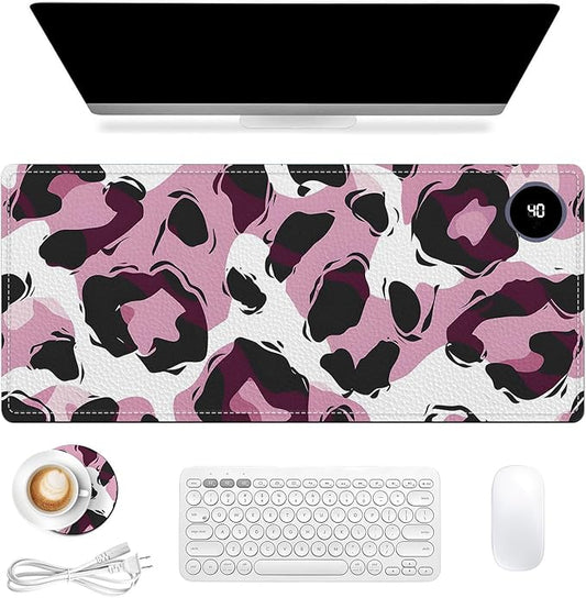 Heated Mouse Pad, Warm Desk Pad, Keyboard Mat 31.5 x 13 Inch Large Size Intelligent Fast Heating, 3 Speed Adjustable, Timed Auto Power Off for Game Office Home,Pink Leopard Print