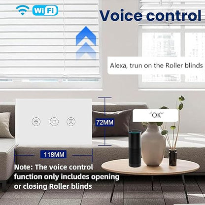 Smart Roller Shutter Switch 118X72X34MM Need Neutral Wire,2.4GHz WiFi Roller Shutter Switch, Tempered Glass Panel, Compatible with Alexa and Smart Life, White WiFi-Roller Shutter