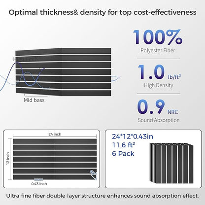 6 Pack 2-Layer Fold Soundproof Wall Panels, 24 x 12 x 0.43 in Large Sound Proof Foam Panels for Walls, 0.9lb/ft³ High Density, 3D Acoustic Panels,Artistic Noise Dampening Panels Black&White