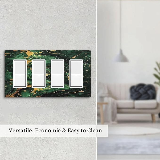 Green/Gold Modern Abstract Luxury Marble 4 Gang Wall Plates Outlet Covers Quad Rocker Light Switch Cover Plate Decorative Switch Plates GFCI Electrical Faceplate for Bathroom Bedroom 4.5 X 8 IN