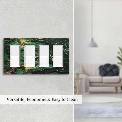 Green/Gold Modern Abstract Luxury Marble 4 Gang Wall Plates Outlet Covers Quad Rocker Light Switch Cover Plate Decorative Switch Plates GFCI Electrical Faceplate for Bathroom Bedroom 4.5 X 8 IN