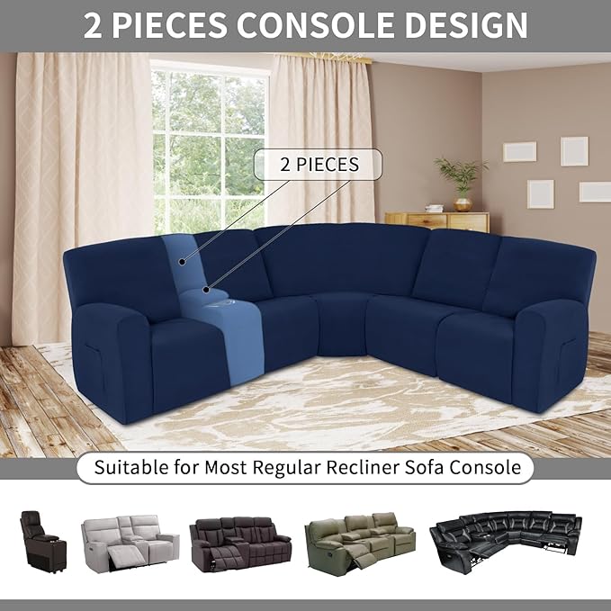 Easy-Going 100% Waterproof Recliner Console Cover, Stretch Middle Console Couch Covers for Reclining Sofas, Sectional L-Shape Furniture Protector for Kids & Pets, 1 Console Cover, Navy