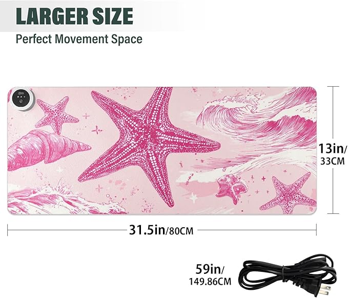 Heated Desk Pad Mouse Pad 31.5x13 Inch PU Leather Desk Mat with 3 Heat Levels Large Mouse Gaming Computer Laptop Mat Bright Pink Starfish Waves Shells