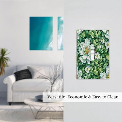 Vintage Floral White Flowers Green Plants Leaves Decorative Light Switch Cover 1 Gang Single Toggle Decorator Outlet Wall Plate Device Electrical Faceplate Switchplates for Bedroom Bathroom