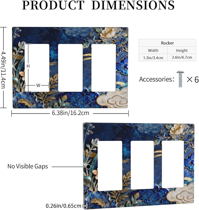 Decorative Outlet Covers Blue White Flower Gold Line Cloud 3 Gang Light Switch Cover Plate Triple Rocker Wall Plates for Electrical Outlets Switch Plate Covers for Bedroom Home Decor