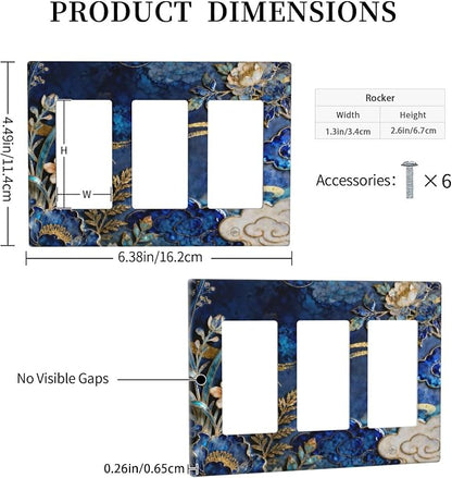Decorative Outlet Covers Blue White Flower Gold Line Cloud 3 Gang Light Switch Cover Plate Triple Rocker Wall Plates for Electrical Outlets Switch Plate Covers for Bedroom Home Decor