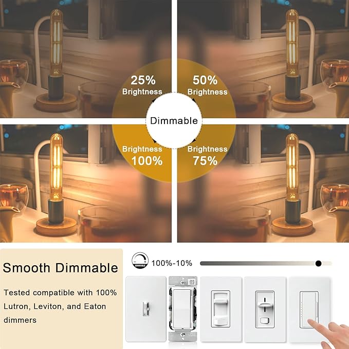 7.3 Inch E26 Led Bulb 6W Dimmable, 2700K Soft White Edison Bulbs 800LM, Equal 80 Watt Tubular T10 T9 Long Clear Glass Light Bulb for Rustic Pendant Industrial Pipe Wall Sconces - 2Pack