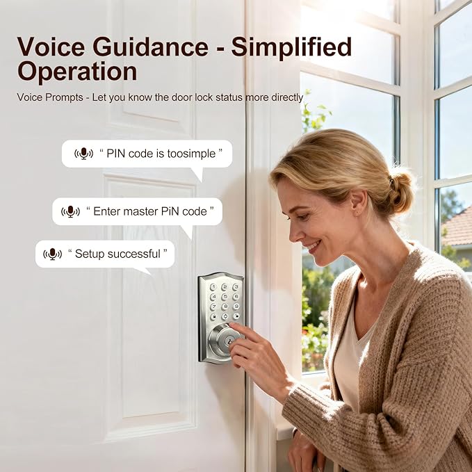 Keyless Entry Door Lock with Keypad, Auto Lock, Voice Prompt, Smart Deadbolt Lock for Front Door with Key, Satin Nickel – Easy Installation, IP55 Waterproof