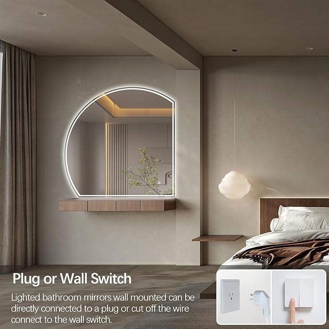 Niccy Half Moon Led Mirror for Bathroom, 48" Semi Round Backlit Mirror for Wall Lighted Mirror with Frameless 3 Color, Defogger, Explosion-Proof, HD Glass and IP65 Vanity Mirror